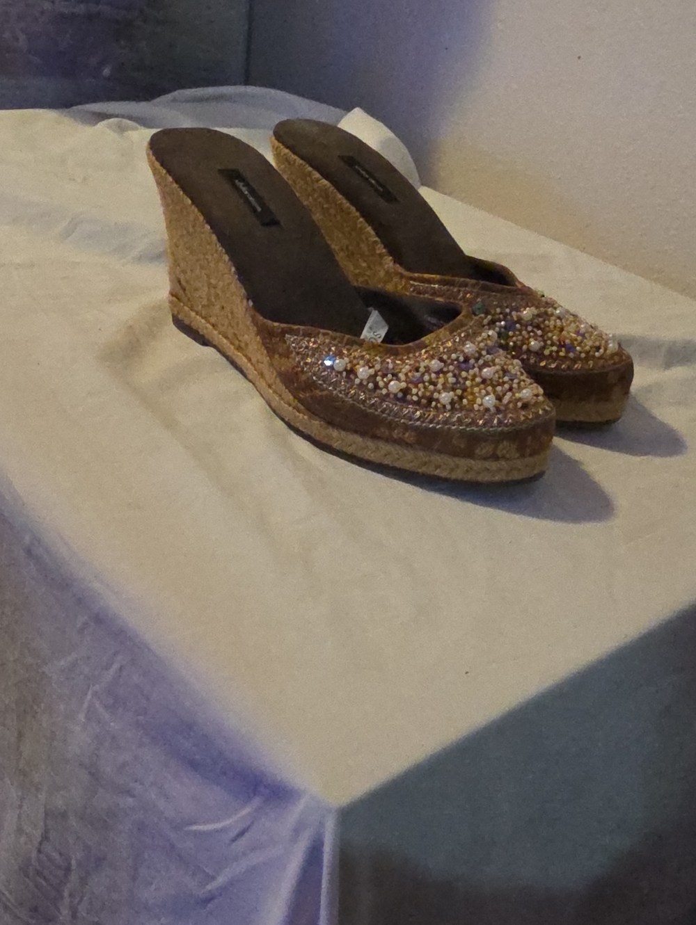 Embellished Brown Wedge Espadrille Slides - Women's Beaded Summer Sandals